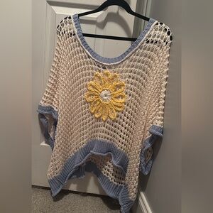 POL Cream and Blue Crochet Sweater with Yellow Floral Accent